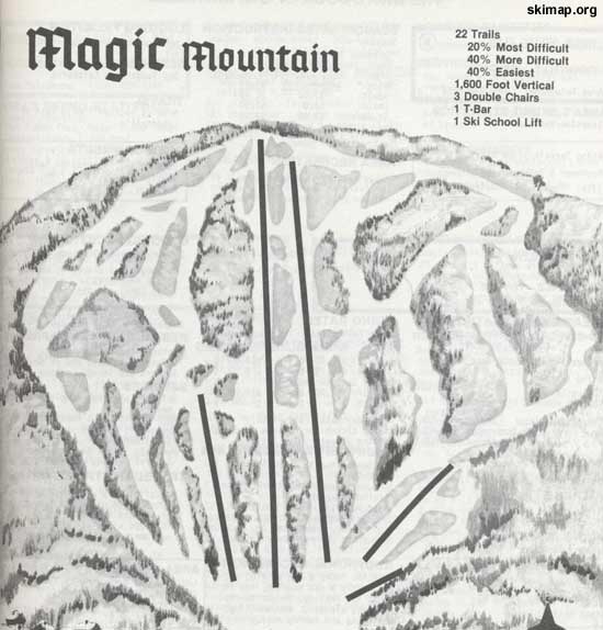 Magic Mountain's trail map circa 1980 showing three double chairlifts