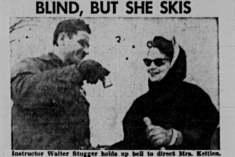 Walter Stugger teaching a blind skier in 1957