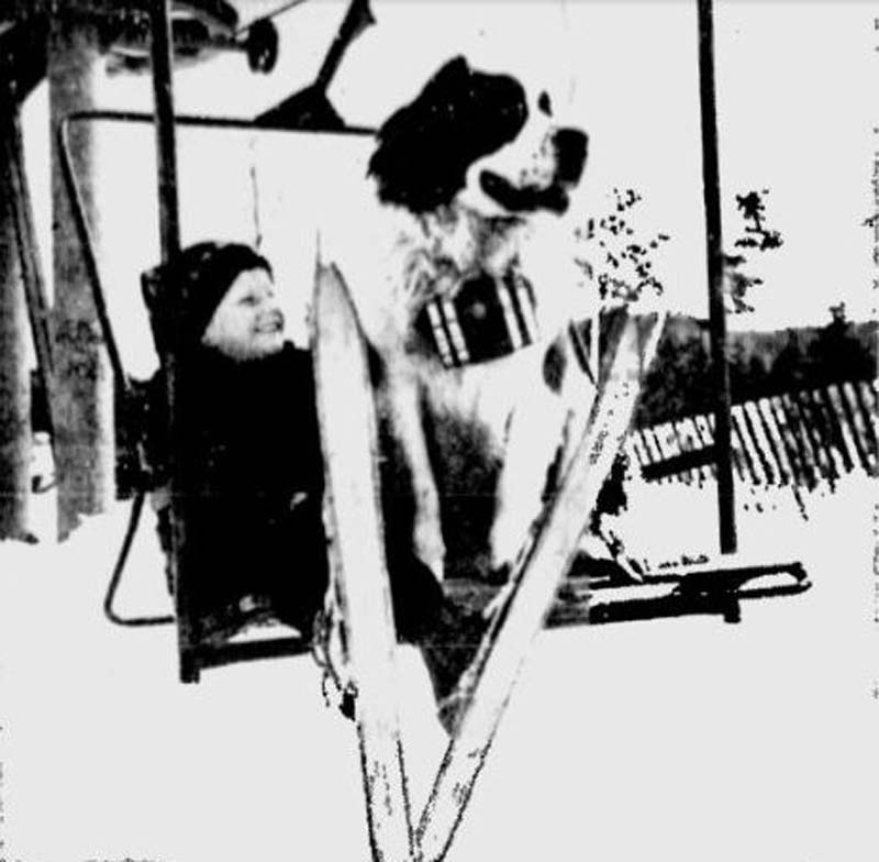 Calvin Dearborn and St. Bernard Suzie on the double chairlift circa 1969