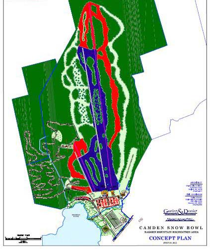 A 2011 map of the proposed redeveloped ski area, pink lines being new/relocated lifts and red being new snowmaking coverage