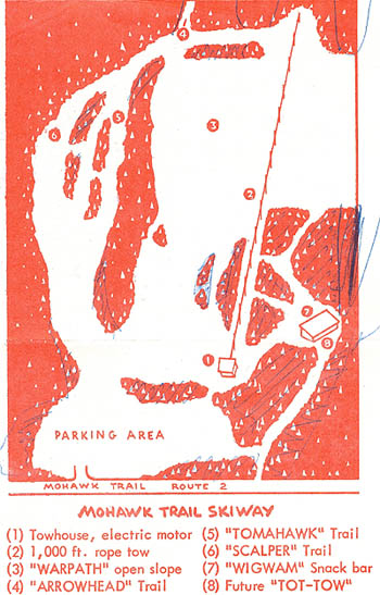 The 1958-59 Mohawk Trail Skiway trail map marked up with 1959-60 expansion plans prior to the summit expansion