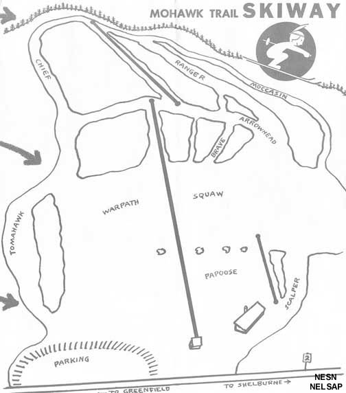 A circa 1961 Mohawk Trail Skiway trail map showing the new upper mountain rope tow