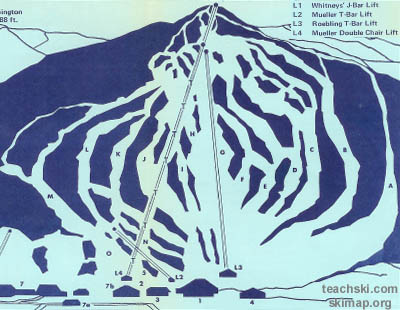 The 1972 Black Mountain trail map showing the Upper Mountain area above the top of the T-Bar