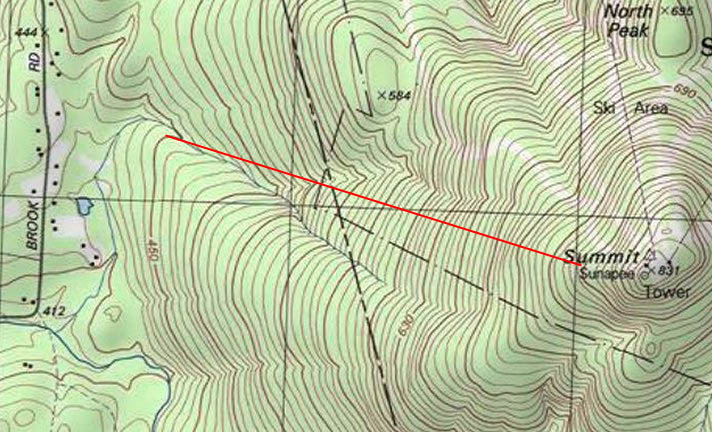 USGS topographic map showing the approximate location of the West Bowl chairlift