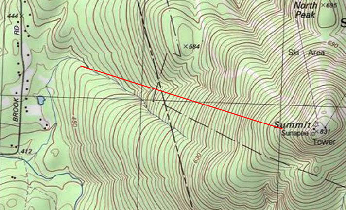 USGS topographic map showing the approximate location of the West Bowl chairlift