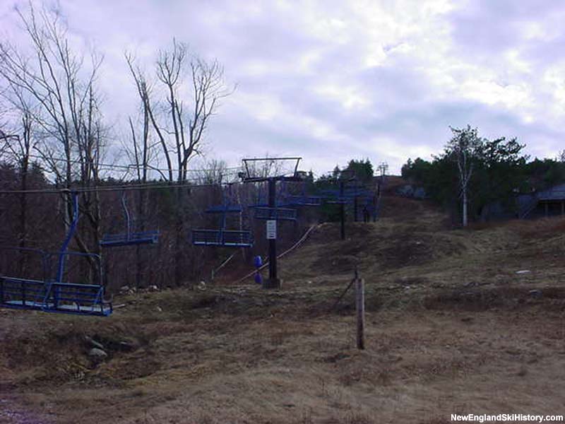Looking up the quad chair lift line, Main Lodge visible on right (2002)
