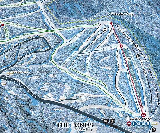 The 2010 Bolton Valley trail map showing the Timberline area