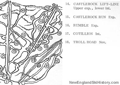 The 1963-64 Sugarbush trail map showing the Castlerock complex after the addition of the nearby Gate House area